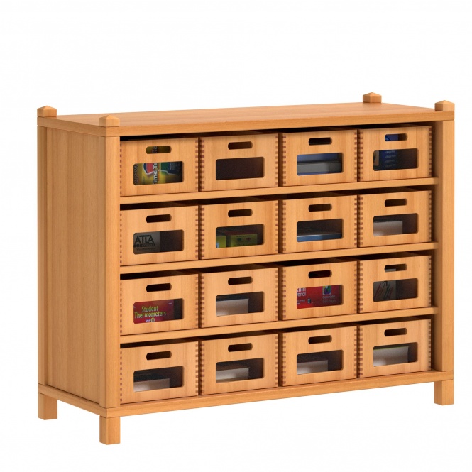 Stollenschrank mit 16 Massivholzkästen+Sichtfenster, 80 cm hoch, 106x40 cm (B/T) 